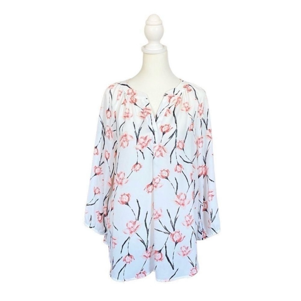 Ivanka Trump Sheer Floral White & Pink Long Sleeve V-Neck Flowy Blouse Sz Small